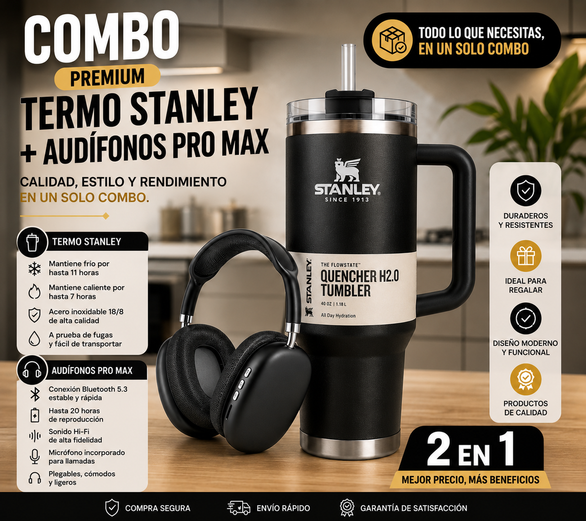 TERMO STANLEY + AUDÍFONOS PRO MAX + REGALO SURPRESA + ENVIO GRATIS